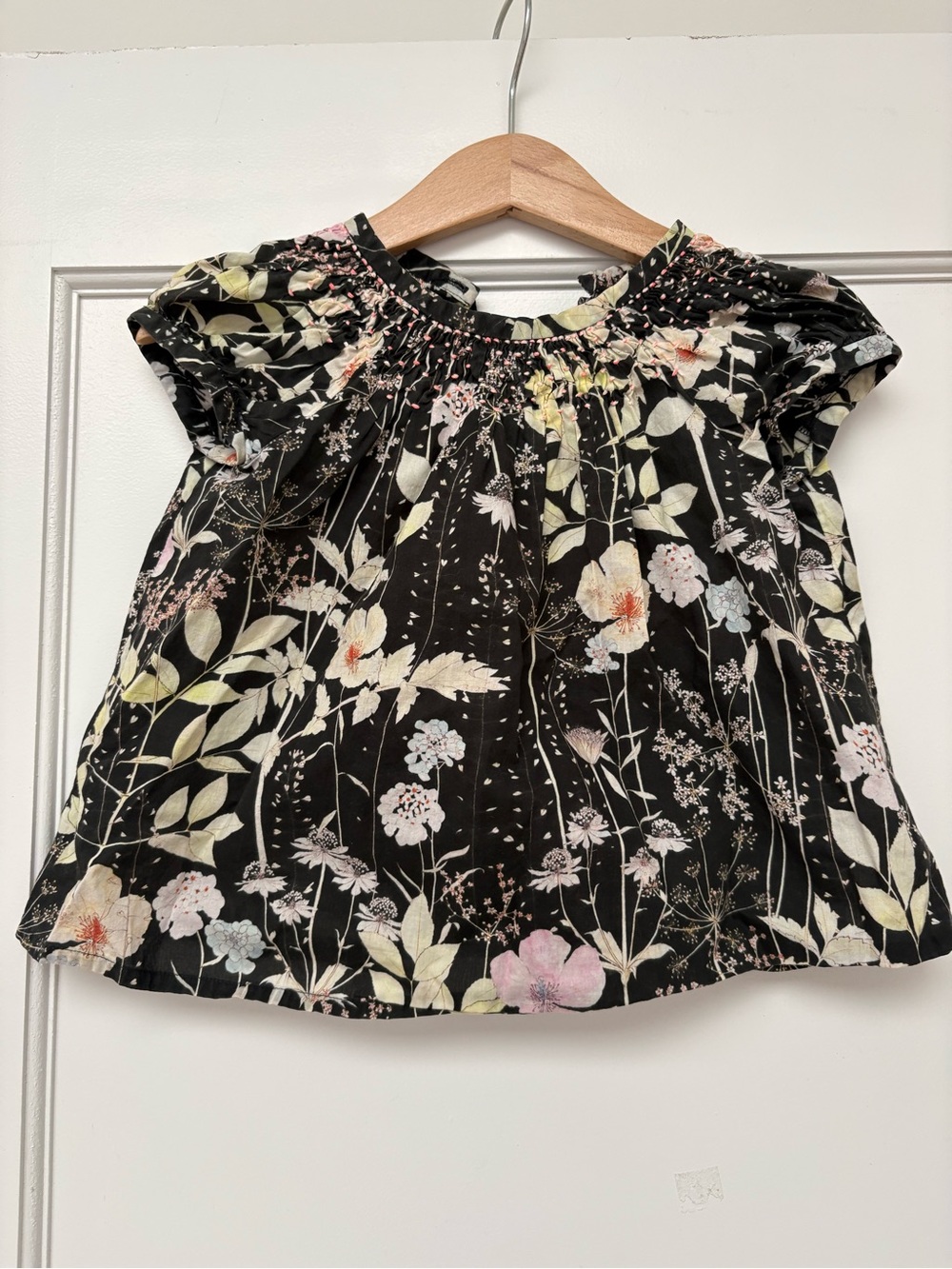 Bonpoint Girls Black Floral Smocked Yoke Top